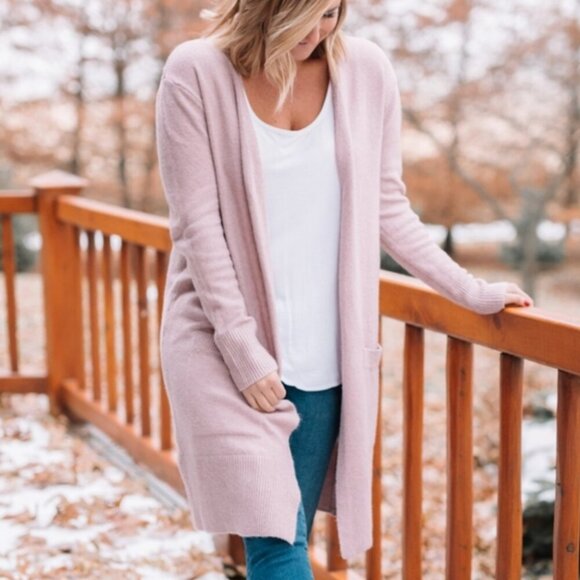 A.N.A Long Sleeve Duster Cardigan Sweater Mauve Pink Purple Open Front Winter M - Picture 3 of 16